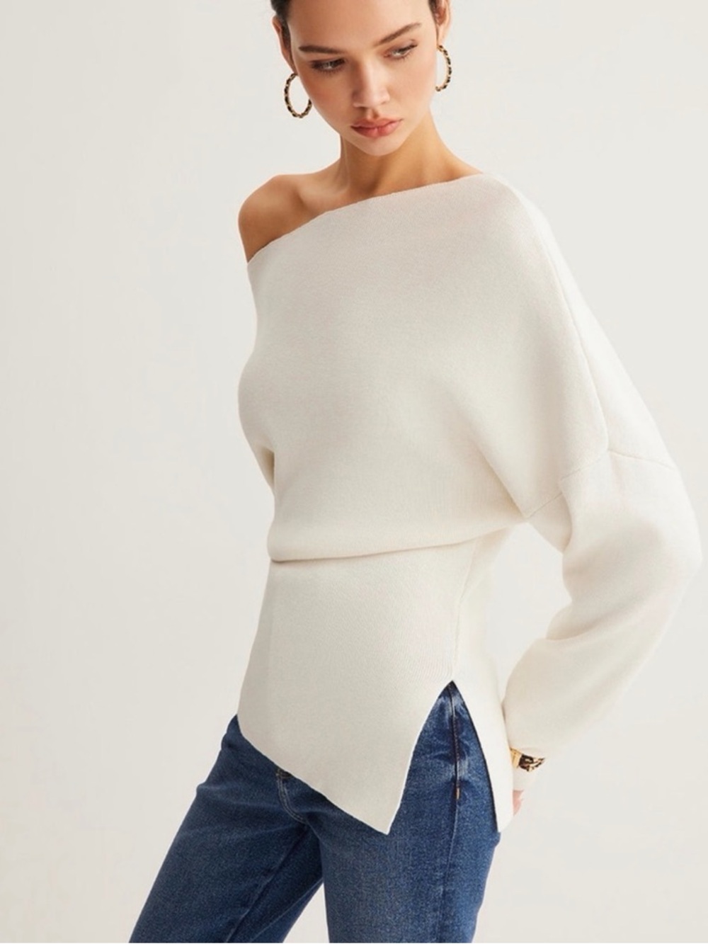 Commense Cream Off-the-Shoulder Knit Sweater